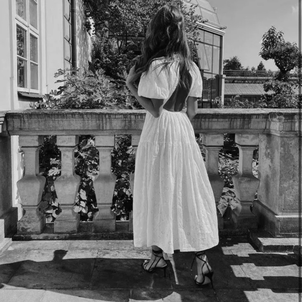 🤍 ZARA Cut Out Back Eyelet MIDI Dress sz Large - Picture 12 of 17